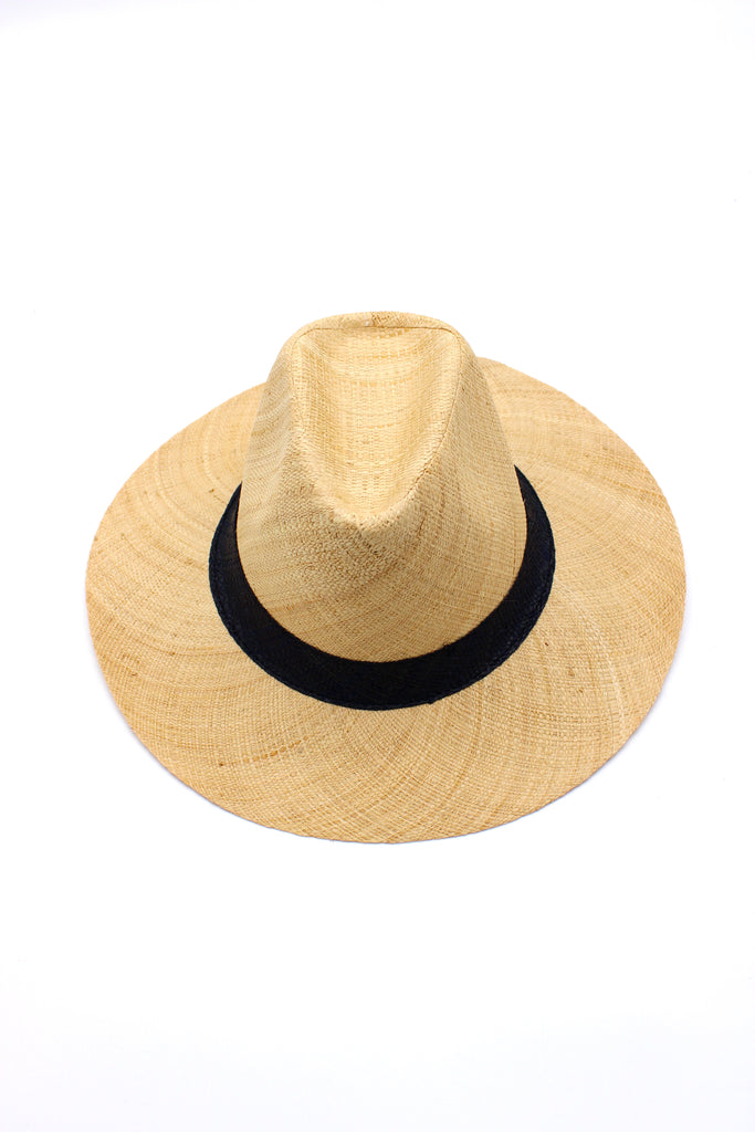 Panama 3" brim handmade loomed raffia unisex straw sun hat in natural straw color with loomed black band - Shebobo