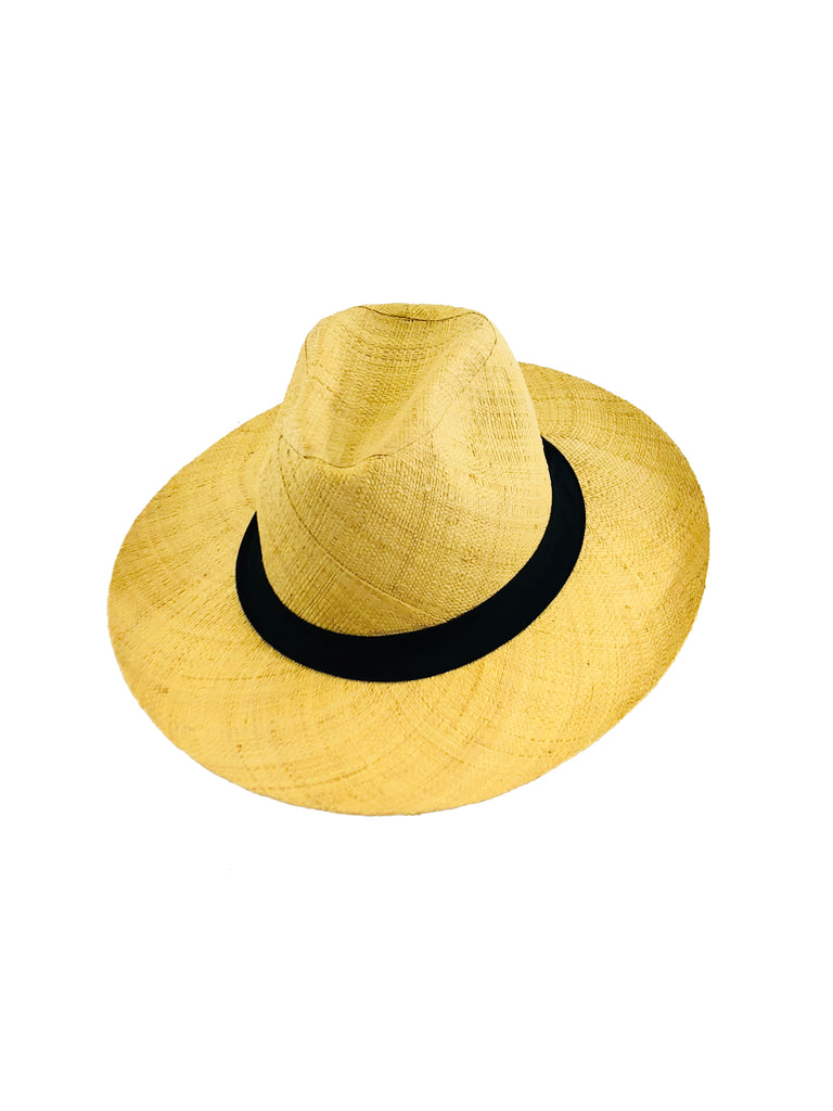 Panama 3" brim handmade loomed raffia unisex straw sun hat in natural straw color with loomed black band - Shebobo