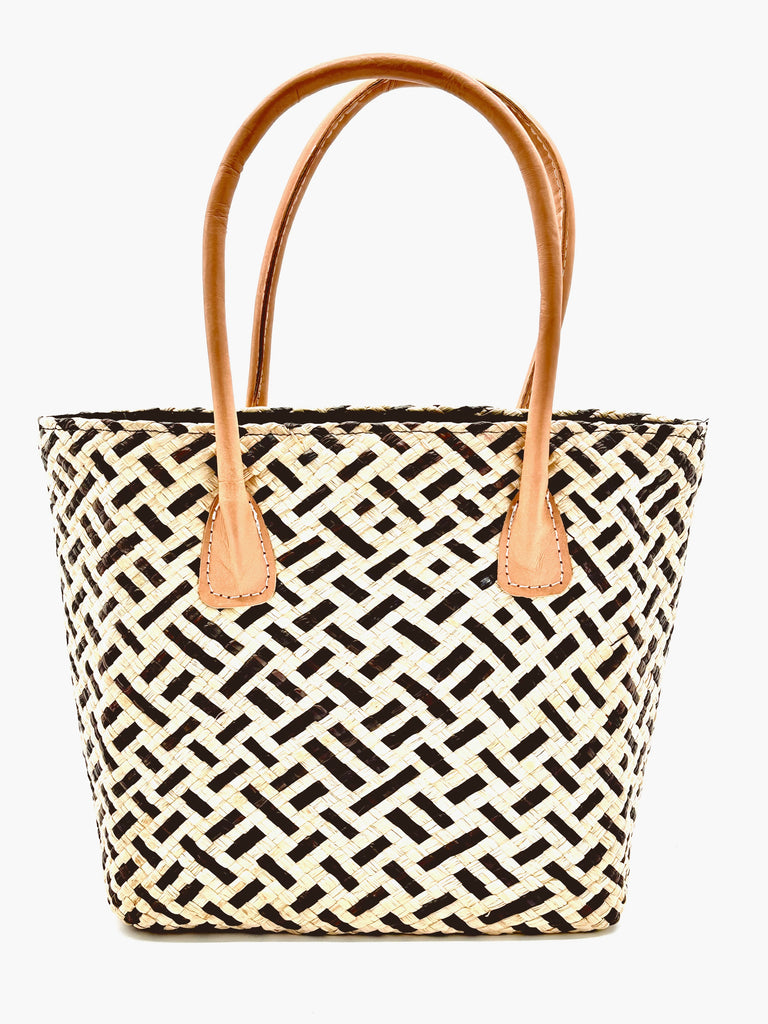 Pianina Black Two Tone Small Straw Basket Bag handmade from woven natural raffia palm fiber in a two tone cross weave pattern of natural straw color and black handbag purse with leather handles - Shebobo