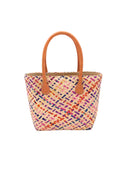 Pianina Confetti Multi Small Straw Basket Bag handmade from woven natural raffia palm fiber in a multicolor cross weave pattern of natural straw color, coral orange, orchid purple, bordeaux red, fuchsia pink, light pink, saffron yellow, yellow, and navy blue handbag purse with leather handles - Shebobo
