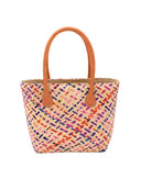 Pianina Confetti Multi Small Straw Basket Bag handmade from woven natural raffia palm fiber in a multicolor cross weave pattern of natural straw color, coral orange, orchid purple, bordeaux red, fuchsia pink, light pink, saffron yellow, yellow, and navy blue handbag purse with leather handles - Shebobo