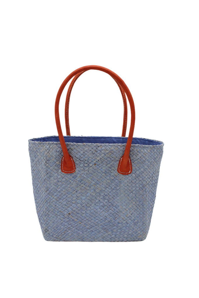 Pianina Denim Small Straw Basket Bag handmade from woven natural raffia palm fiber in a monochromatic cross weave pattern of denim retro/light/blue handbag purse with leather handles - Shebobo