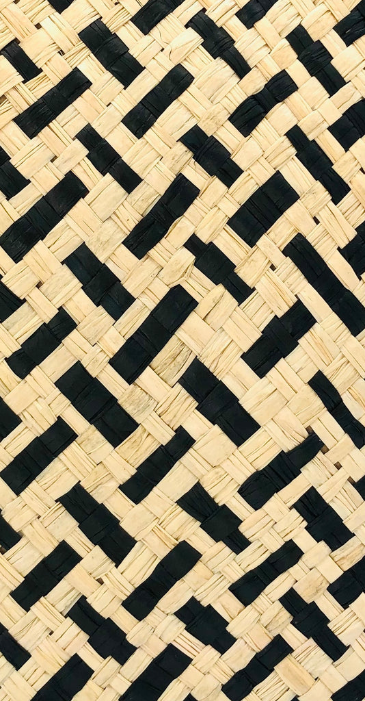 Detail view of Pianina Black Two Tone Small Straw Basket Bag handmade from woven natural raffia palm fiber in a two tone cross weave pattern of natural straw color and black handbag purse with leather handles - Shebobo