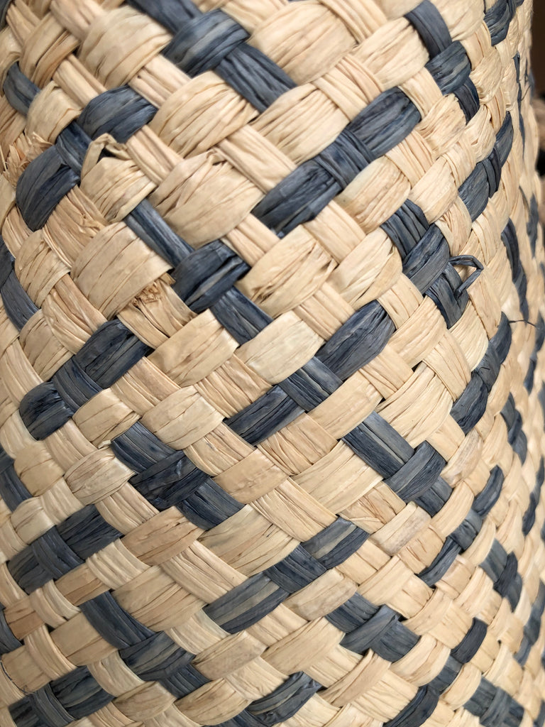 Detail view of Pianina Grey Two Tone Small Straw Basket Bag handmade from woven natural raffia palm fiber in a two tone cross weave pattern of natural straw color and grey handbag purse with leather handles - Shebobo