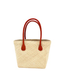 Pianina Natural Small Straw Basket Bag handmade from woven natural raffia palm fiber in a monochromatic cross weave pattern of natural straw color handbag purse with leather handles - Shebobo