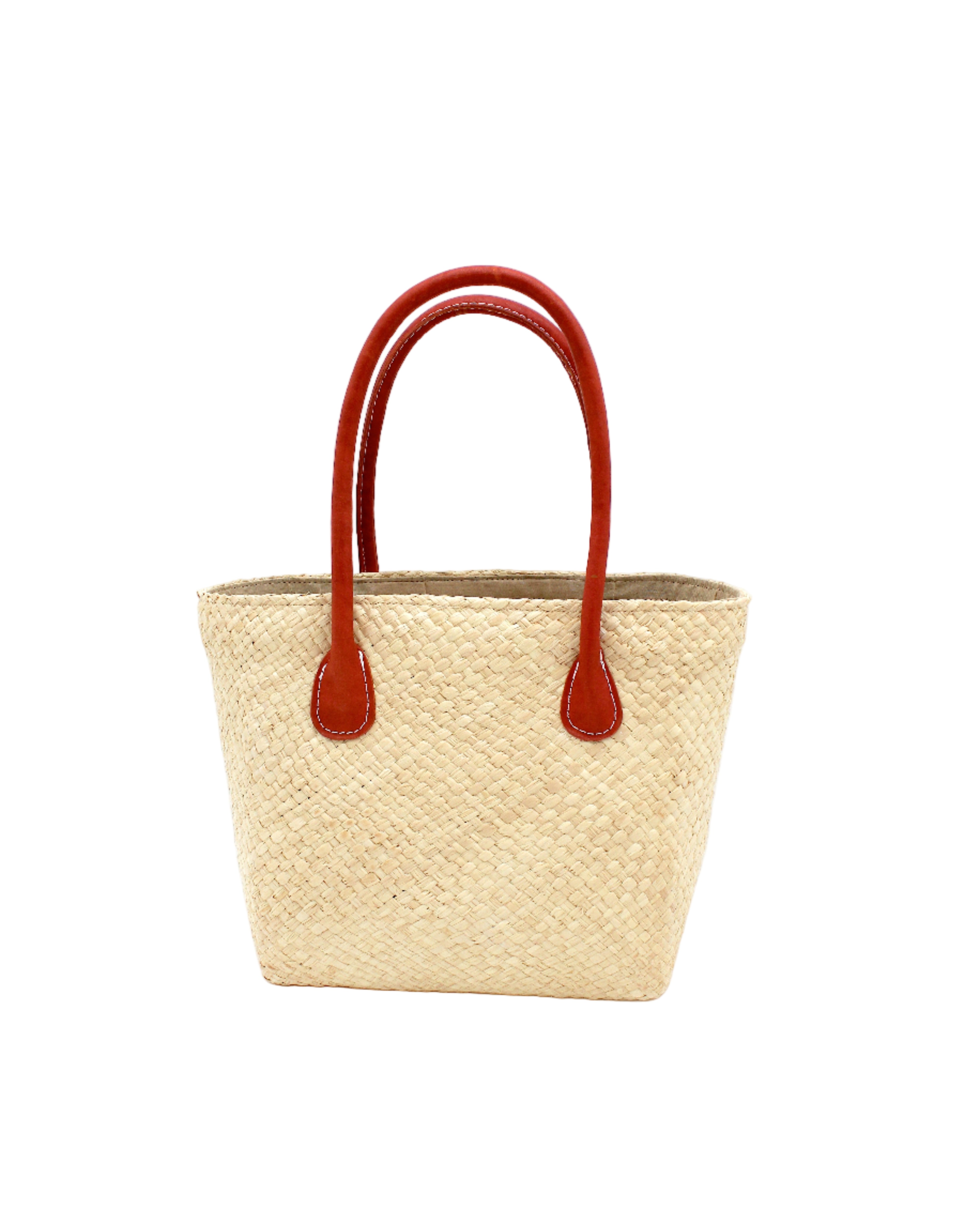 Pianina Natural Small Straw Basket Bag handmade from woven natural raffia palm fiber in a monochromatic cross weave pattern of natural straw color handbag purse with leather handles - Shebobo