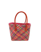 Pianina Raspberry Multi Small Straw Basket Bag handmade from woven natural raffia palm fiber in a multicolor cross weave pattern of turquoise blue, coral orange, orchid purple, bordeaux red, fuchsia pink, light pink, saffron yellow, yellow, and navy blue handbag purse with leather handles - Shebobo