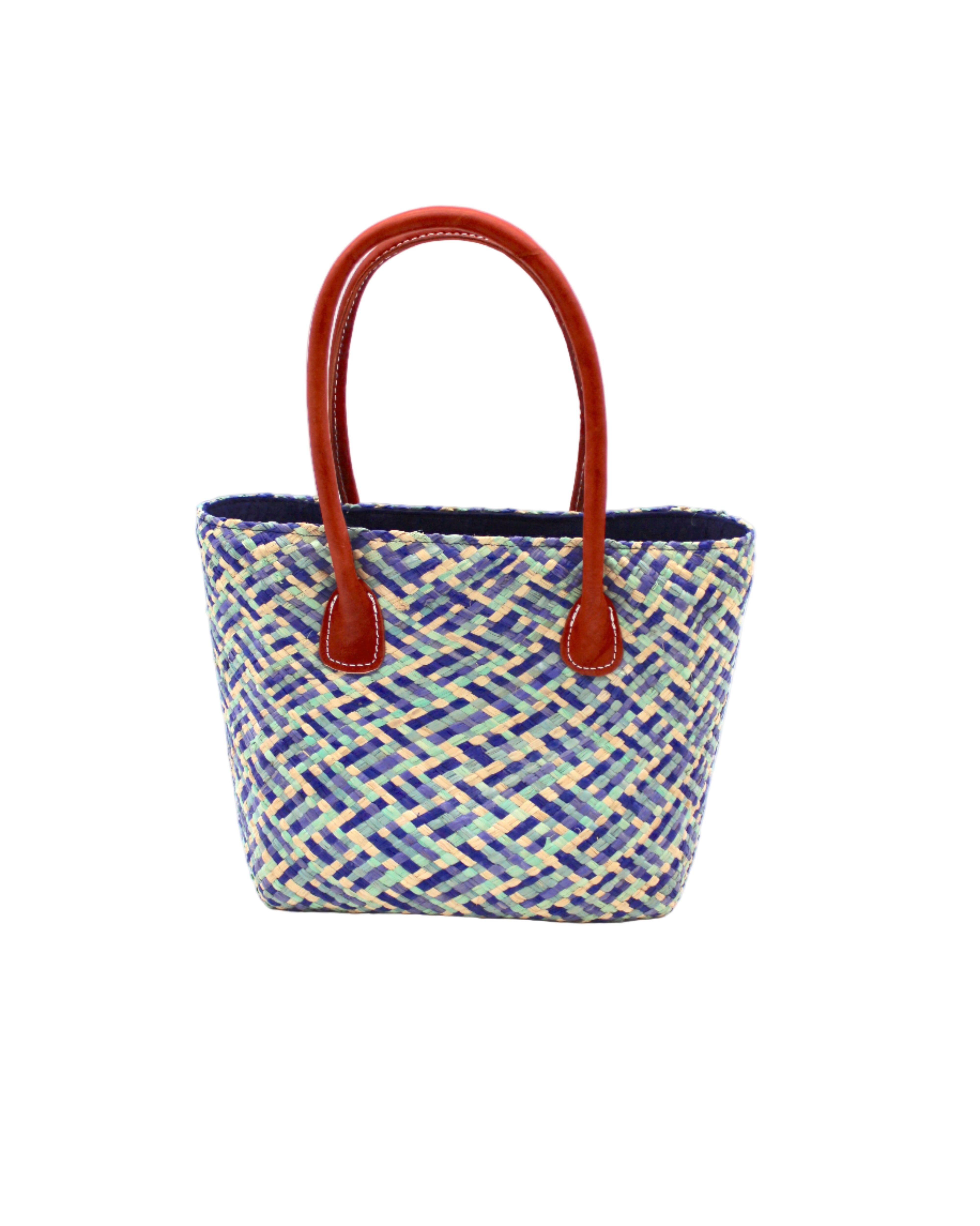 Pianina Azure Multi Small Straw Basket Bag handmade from woven natural raffia palm fiber in a multicolor cross weave pattern of turquoise, denim retro/light/blue, natural straw color, and navy blue handbag purse with leather handles - Shebobo