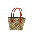 Pianina Terra Multi Small Straw Basket Bag handmade from woven natural raffia palm fiber in a multicolor cross weave pattern of dark green, olive green, denim light/blue, and natural straw color handbag purse with leather handles - Shebobo