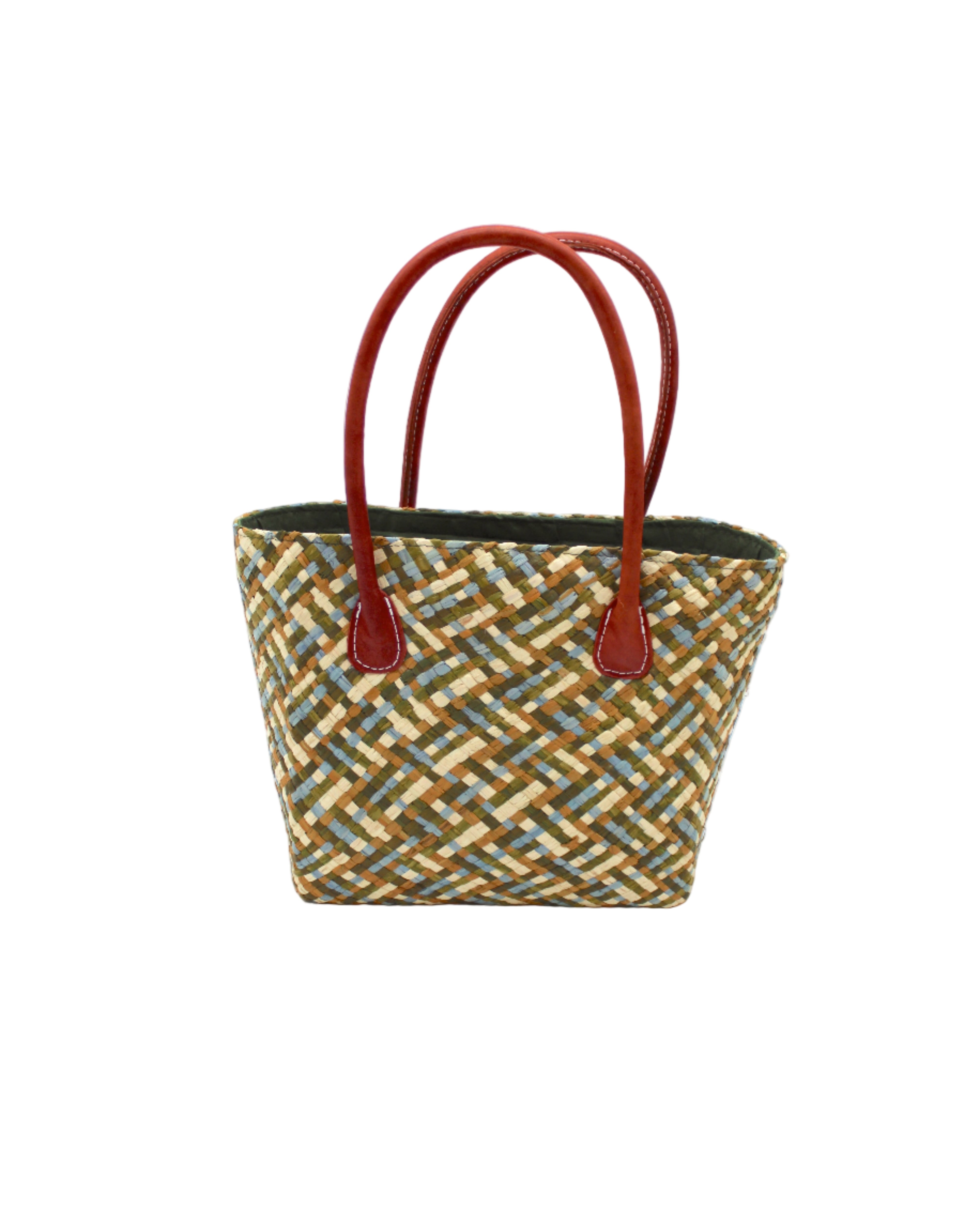 Pianina Terra Multi Small Straw Basket Bag handmade from woven natural raffia palm fiber in a multicolor cross weave pattern of dark green, olive green, denim light/blue, and natural straw color handbag purse with leather handles - Shebobo