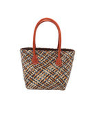 Pianina Zaphyr Multi Small Straw Basket Bag handmade from woven natural raffia palm fiber in a multicolor cross weave pattern of dark purple/grey/brown, olive green, denim light/blue, and natural straw color handbag purse with leather handles - Shebobo