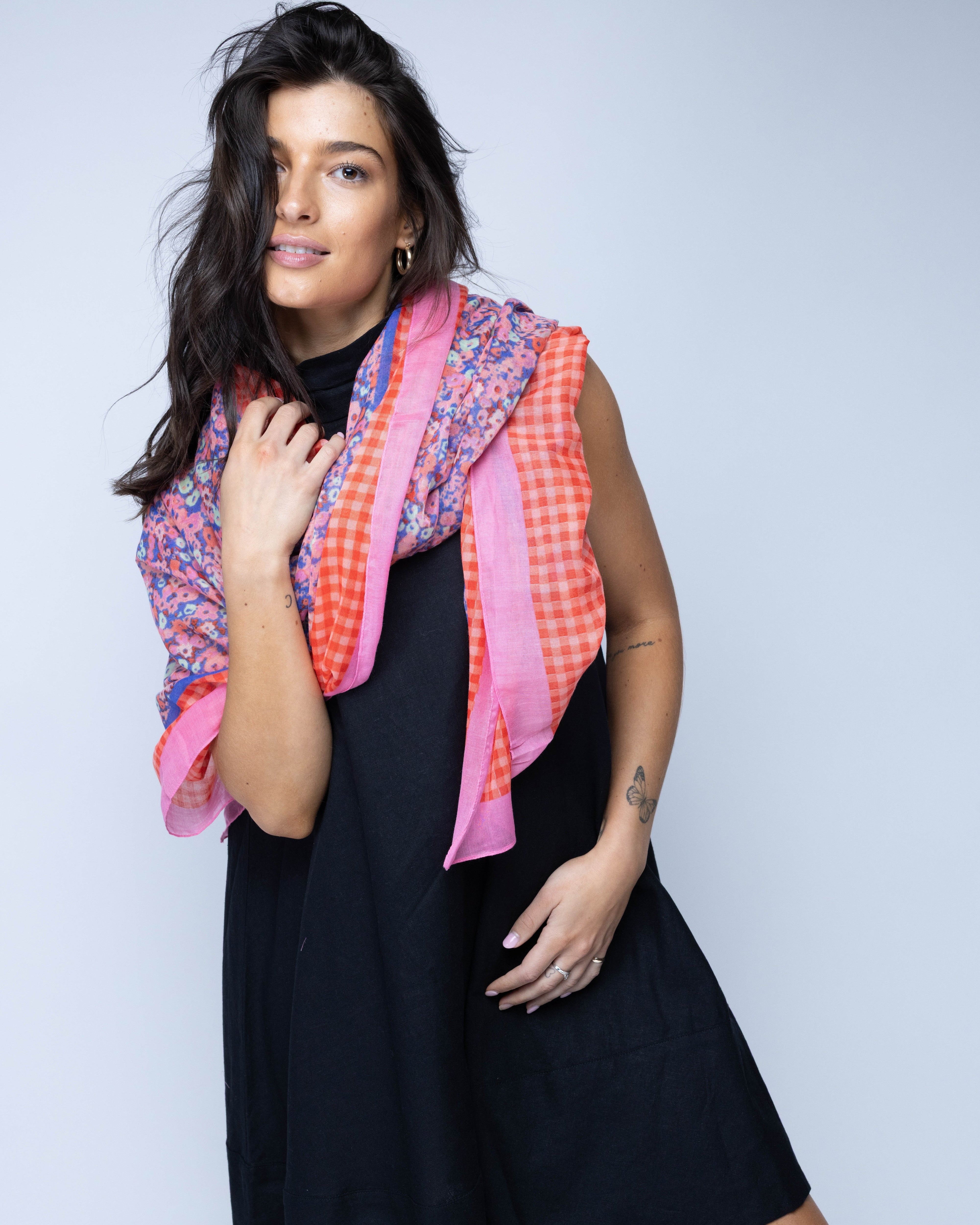 Model wearing French Country Floral and Gingham Scarf Wrap Pink Multicolor Floral pattern inside a orange and pink checked gingham plaid with colored edge - Shebobo
