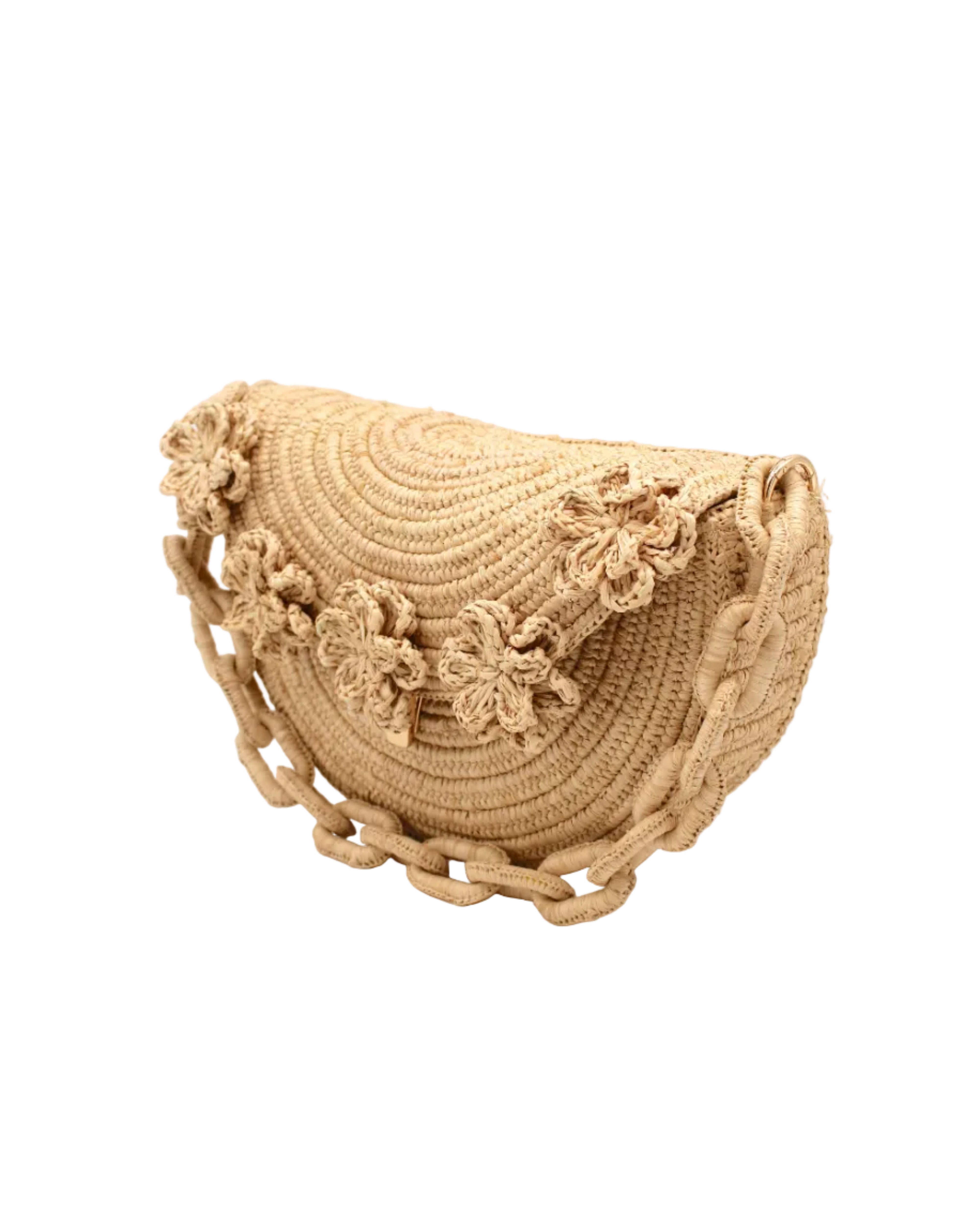 Side view Piper Crochet Flower Straw Handbag with Macrame Chain Strap handmade natural raffia palm fiber in a solid hue of natural straw color with delicate 3D floral edge along the front envelope flap style closure of the half moon shaped bag with subtle curved banding and macrame chain shoulder strap purse small bag shoulder bag - Shebobo