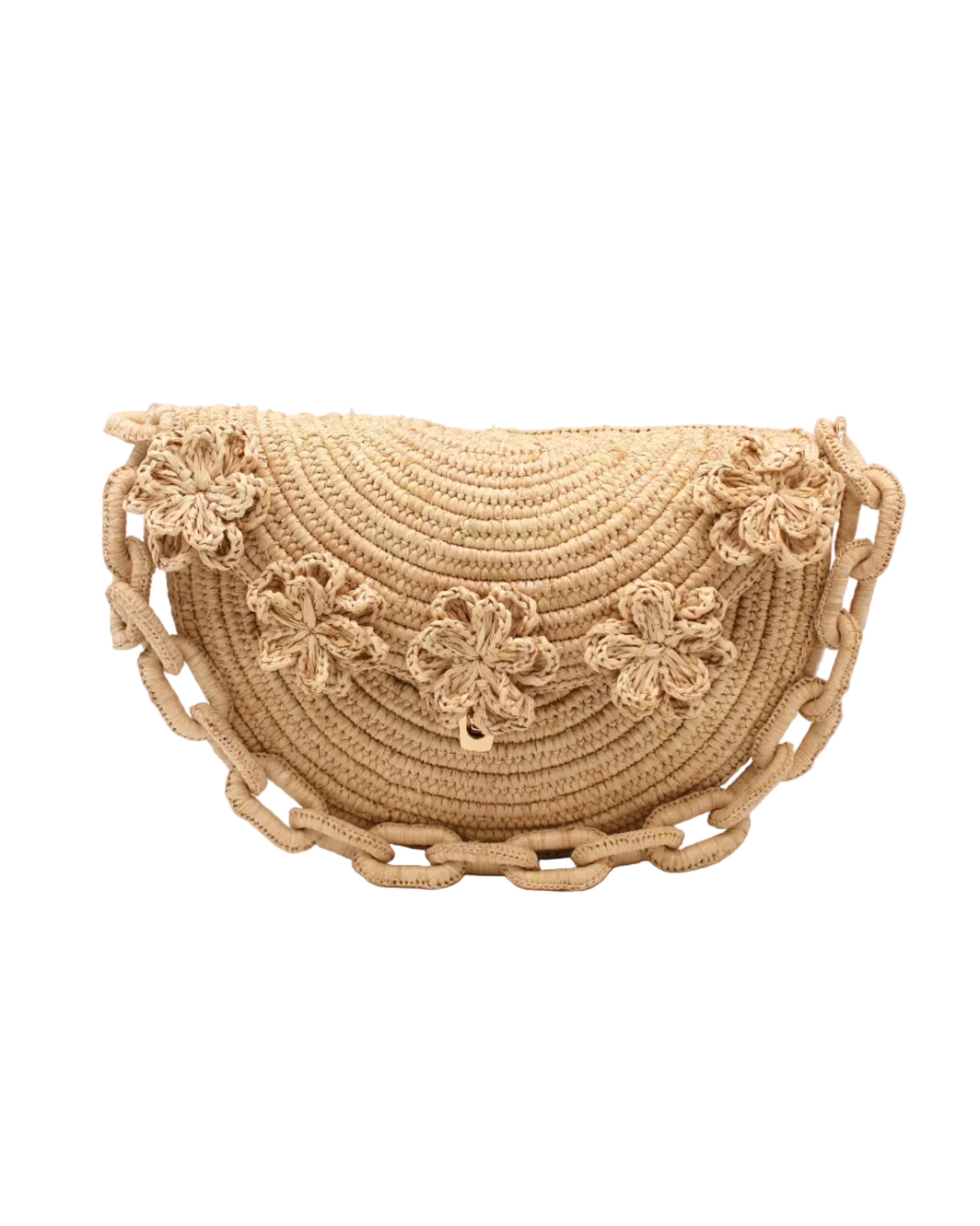 Piper Crochet Flower Straw Handbag with Macrame Chain Strap handmade natural raffia palm fiber in a solid hue of natural straw color with delicate 3D floral edge along the front envelope flap style closure of the half moon shaped bag with subtle curved banding and macrame chain shoulder strap purse small bag shoulder bag - Shebobo