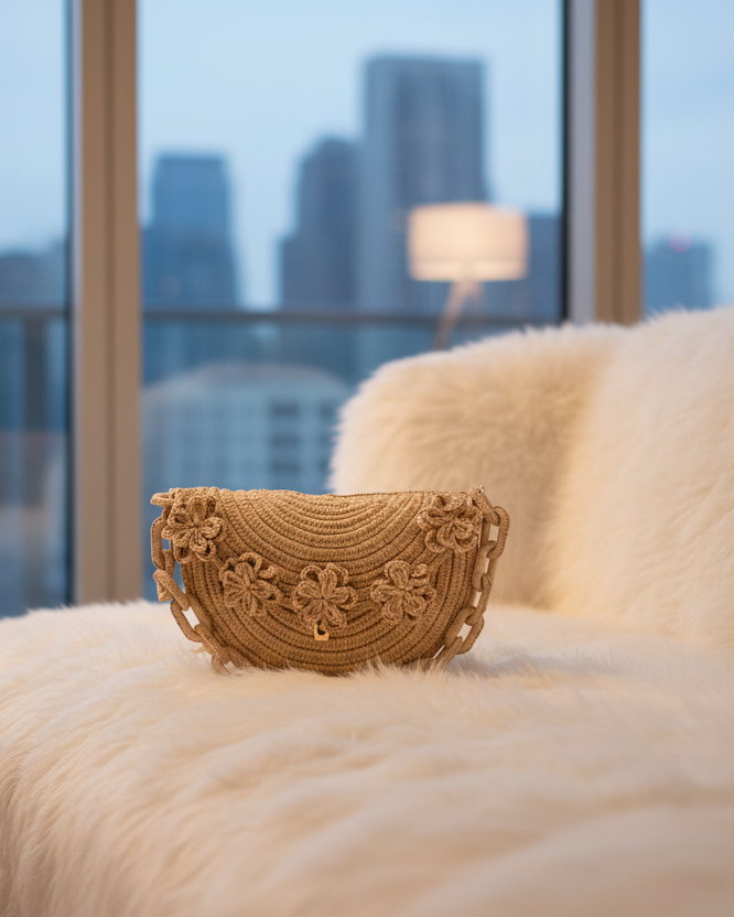 Lifestyle view Piper Crochet Flower Straw Handbag with Macrame Chain Strap handmade natural raffia palm fiber in a solid hue of natural straw color with delicate 3D floral edge along the front envelope flap style closure of the half moon shaped bag with subtle curved banding and macrame chain shoulder strap purse small bag shoulder bag - Shebobo