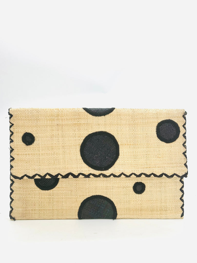 Polka Dot Straw Clutch Handbag handmade loomed raffia clutch purse in multisize dot pattern of black dots with matching color cross stitch edging on natural straw color purse- Shebobo