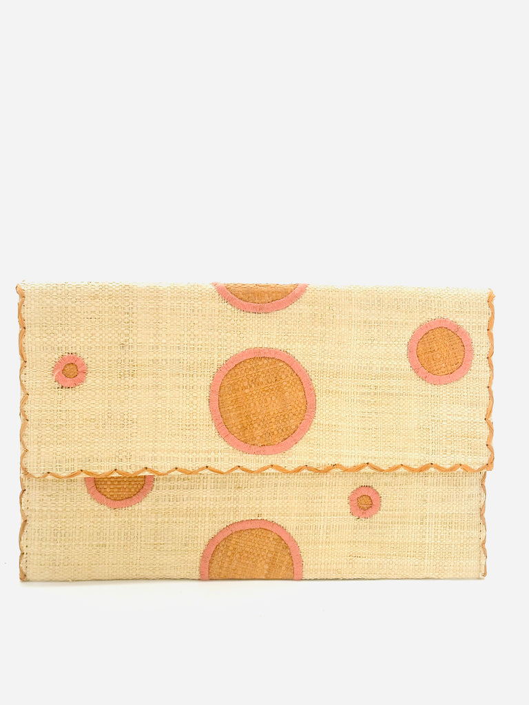 Polka Dot Straw Clutch Handbag handmade loomed raffia clutch purse in multisize dot pattern of blush orange/pink dots with matching color cross stitch edging on natural straw color purse- Shebobo