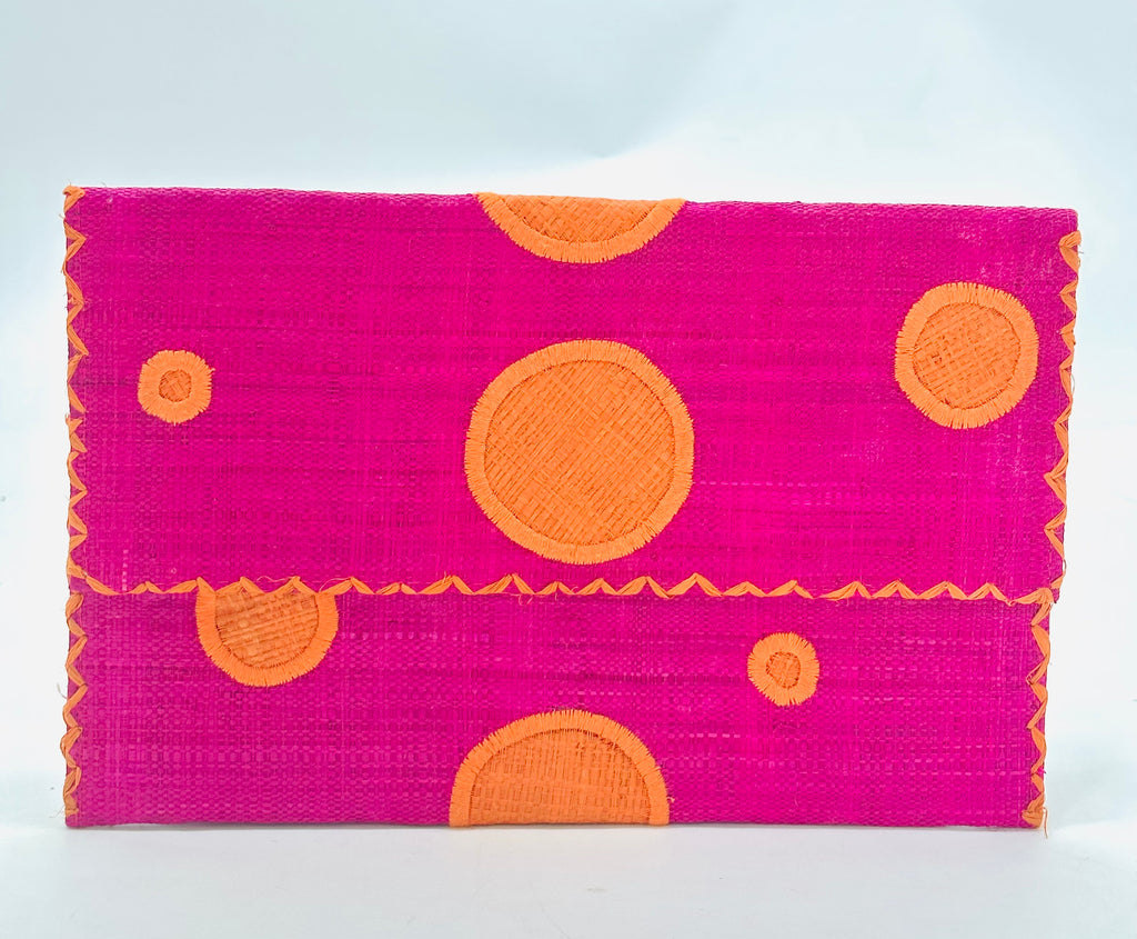 Polka Dot Straw Clutch Handbag handmade loomed raffia clutch purse in multisize dot pattern of coral orange/red dots with matching color cross stitch edging on fuchsia pink purse- Shebobo
