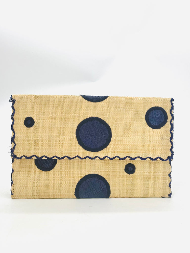 Polka Dot Straw Clutch Handbag handmade loomed raffia clutch purse in multisize dot pattern of navy blue dots with matching color cross stitch edging on natural straw color purse- Shebobo