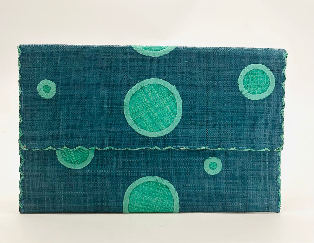 Polka Dot Straw Clutch Handbag handmade loomed raffia clutch purse in multisize dot pattern of seafoam blue/green dots with matching color cross stitch edging on turquoise blue purse- Shebobo