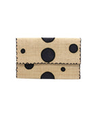Polka Dot Straw Clutch Handbag handmade loomed raffia clutch purse in multisize dot pattern of black dots with matching color cross stitch edging on natural straw color purse- Shebobo