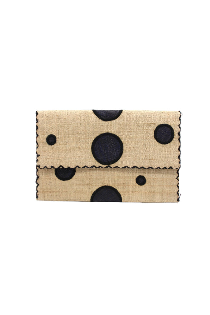 Polka Dot Straw Clutch Handbag handmade loomed raffia clutch purse in multisize dot pattern of black dots with matching color cross stitch edging on natural straw color purse- Shebobo