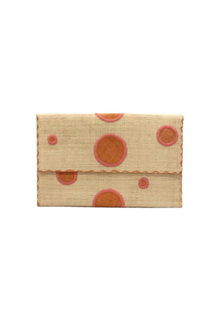 Polka Dot Straw Clutch Handbag handmade loomed raffia clutch purse in multisize dot pattern of blush orange/pink dots with matching color cross stitch edging on natural straw color purse- Shebobo