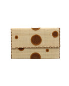 Polka Dot Straw Clutch Handbag handmade loomed raffia clutch purse in multisize dot pattern of cinnamon/tobacco/brown dots with matching color cross stitch edging on natural straw color purse- Shebobo