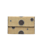 Polka Dot Straw Clutch Handbag handmade loomed raffia clutch purse in multisize dot pattern of grey dots with matching color cross stitch edging on natural straw color purse- Shebobo