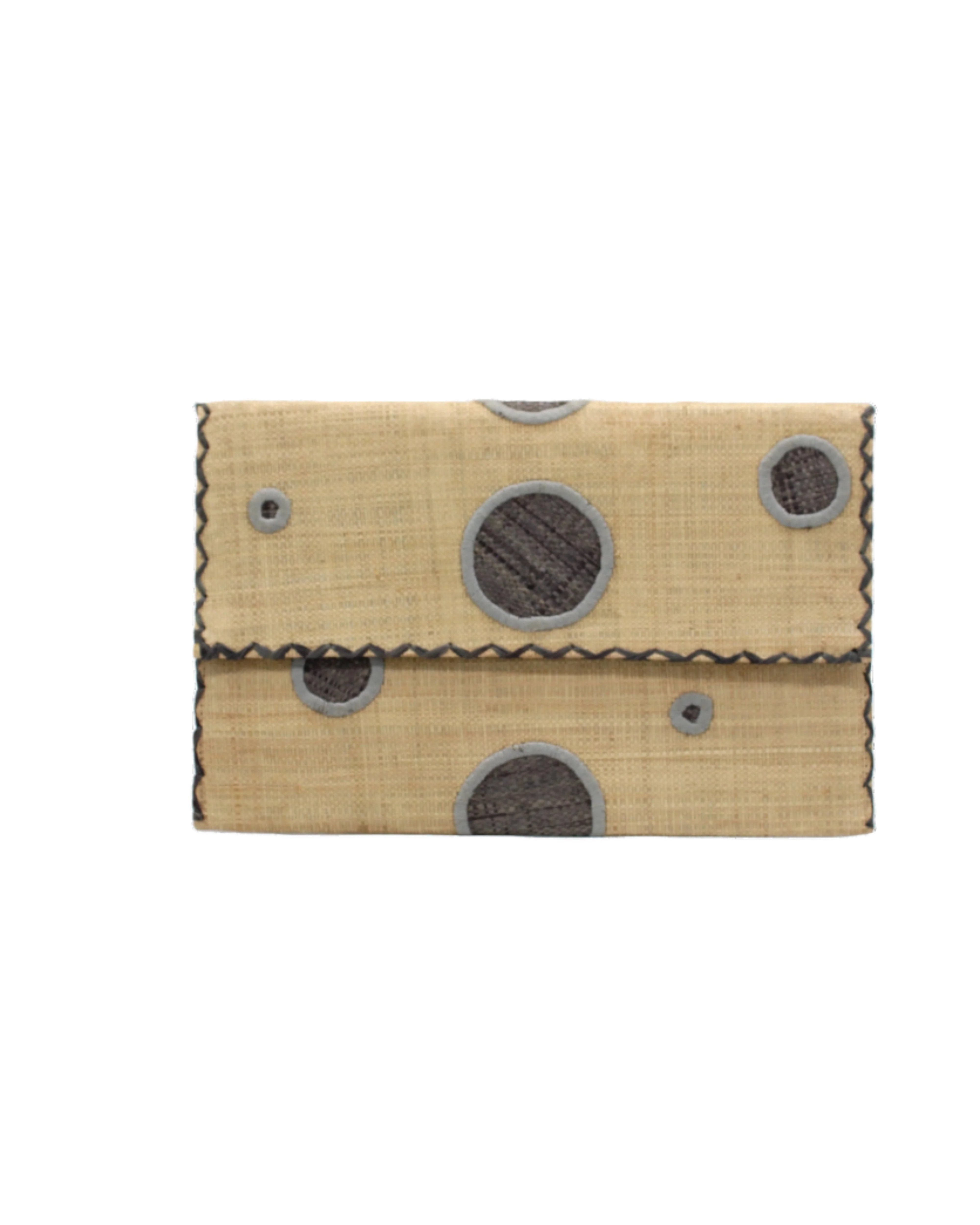 Polka Dot Straw Clutch Handbag handmade loomed raffia clutch purse in multisize dot pattern of grey dots with matching color cross stitch edging on natural straw color purse- Shebobo