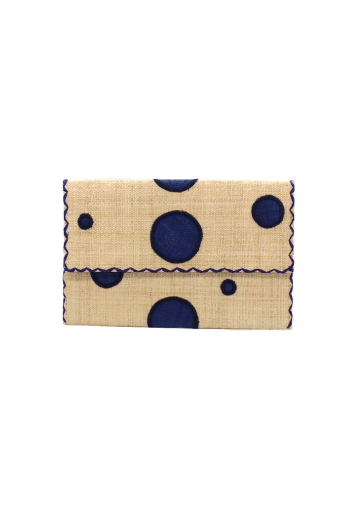 Polka Dot Straw Clutch Handbag handmade loomed raffia clutch purse in multisize dot pattern of navy blue dots with matching color cross stitch edging on natural straw color purse- Shebobo