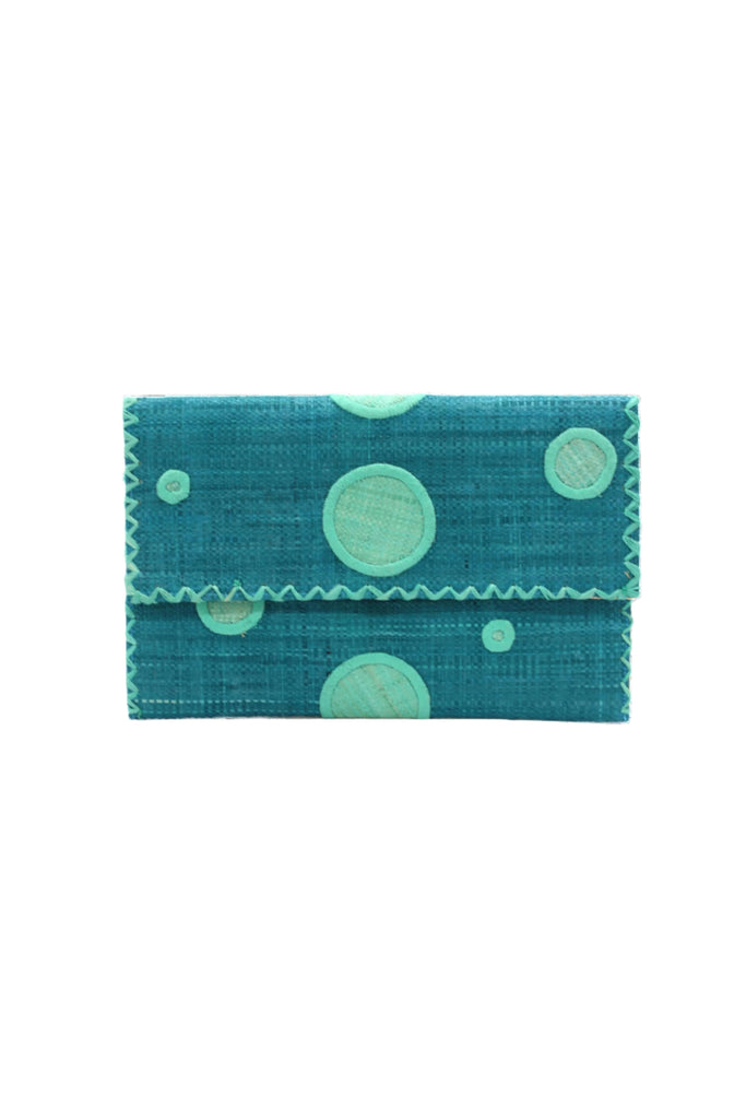 Polka Dot Straw Clutch Handbag handmade loomed raffia clutch purse in multisize dot pattern of seafoam blue/green dots with matching color cross stitch edging on turquoise blue purse- Shebobo