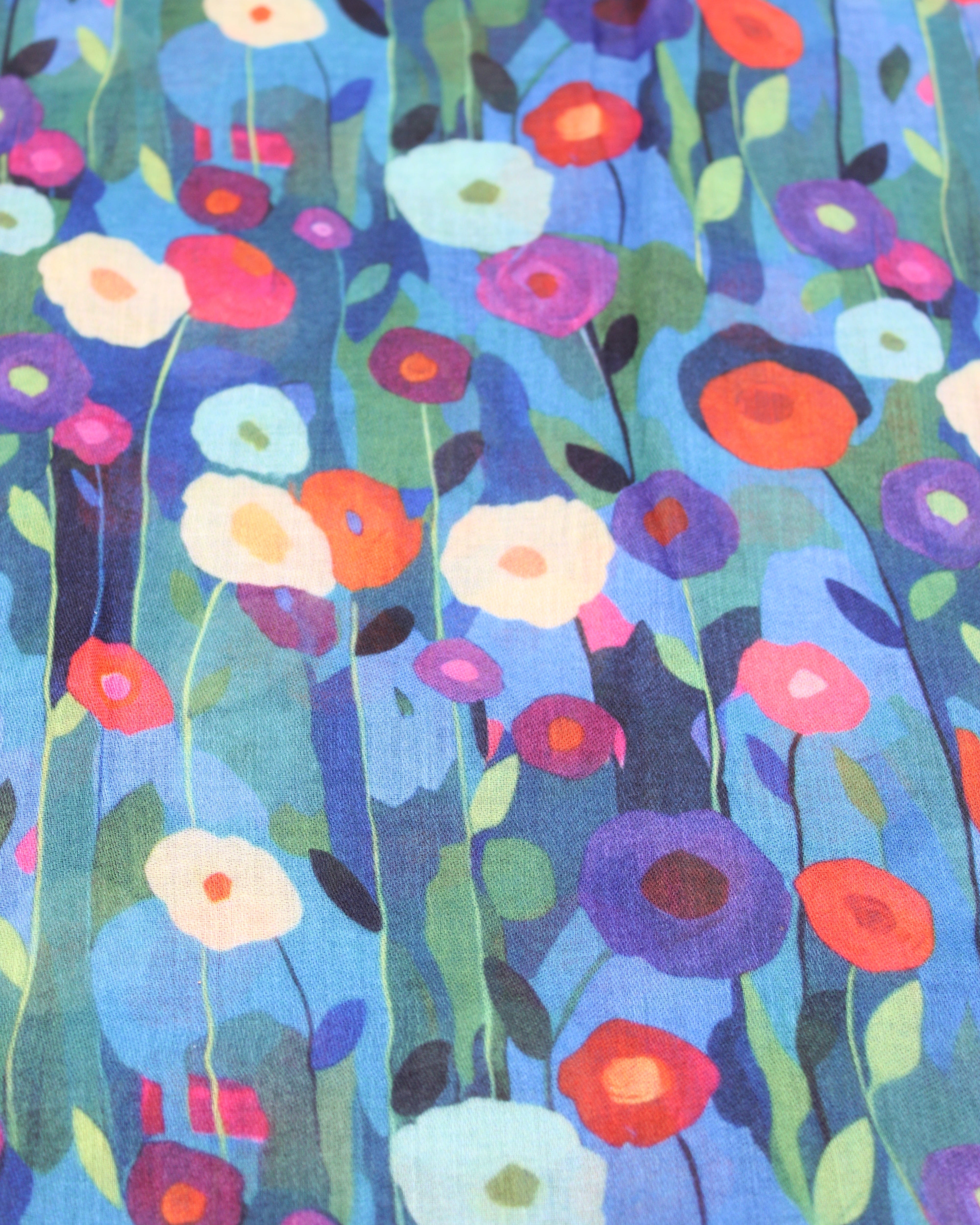 Detail view of pattern Poppy Dreams Scarf Wrap Blue with multicolored floral patterned scarf - Shebobo