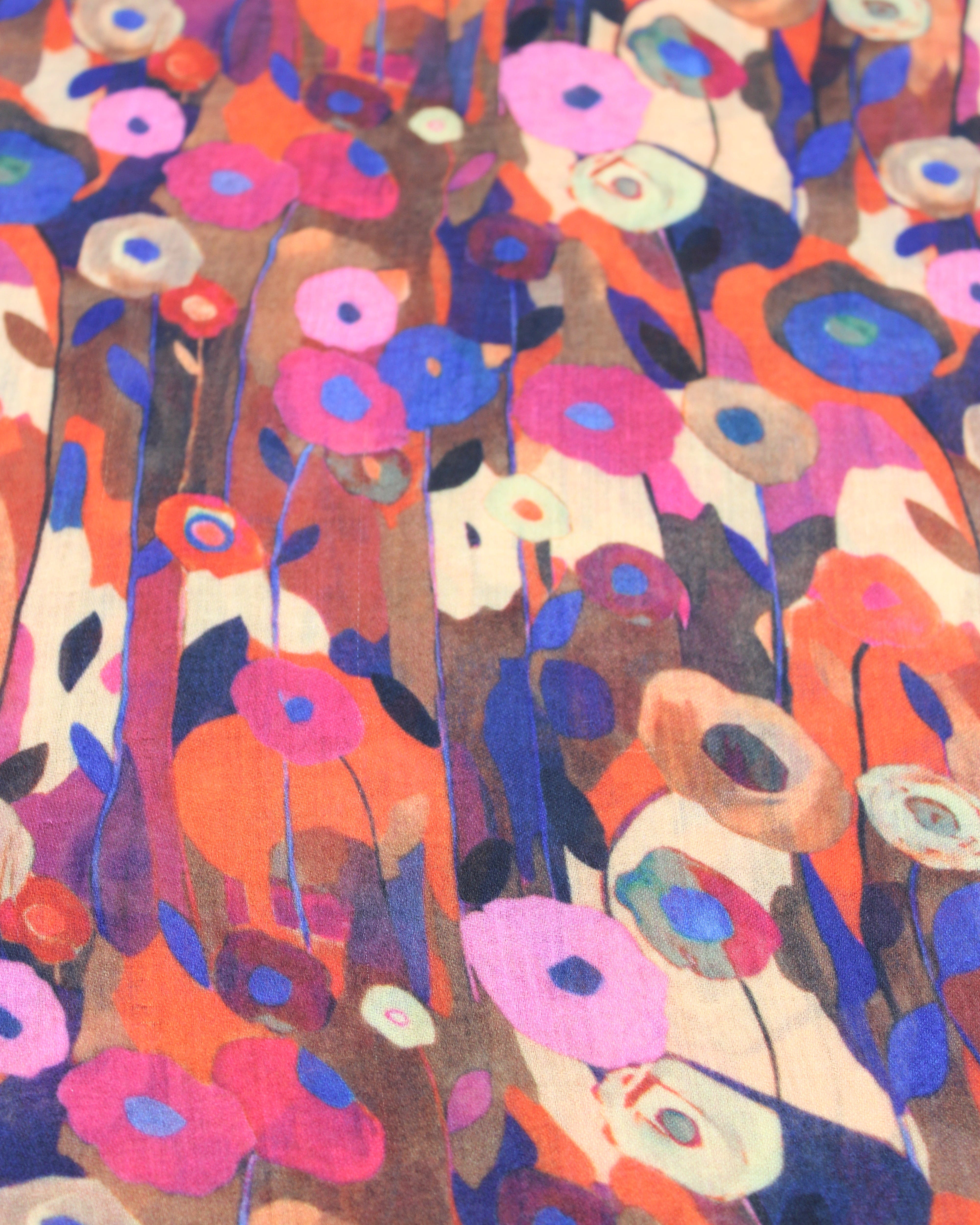 Detail view of pattern Poppy Dreams Scarf Wrap Fuchsia Pink with multicolored floral patterned scarf - Shebobo