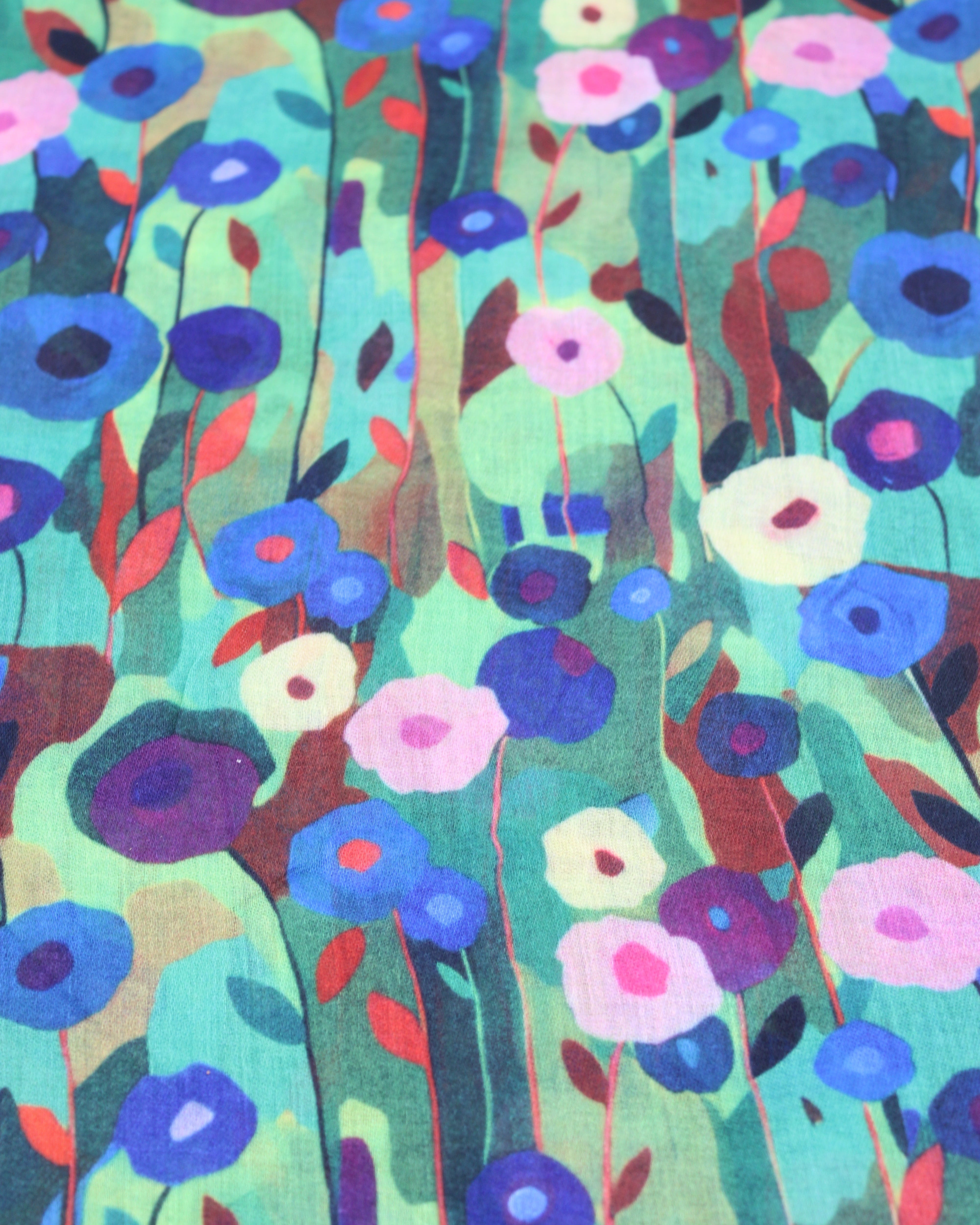 Detail view of pattern Poppy Dreams Scarf Wrap Green with multicolored floral patterned scarf - Shebobo