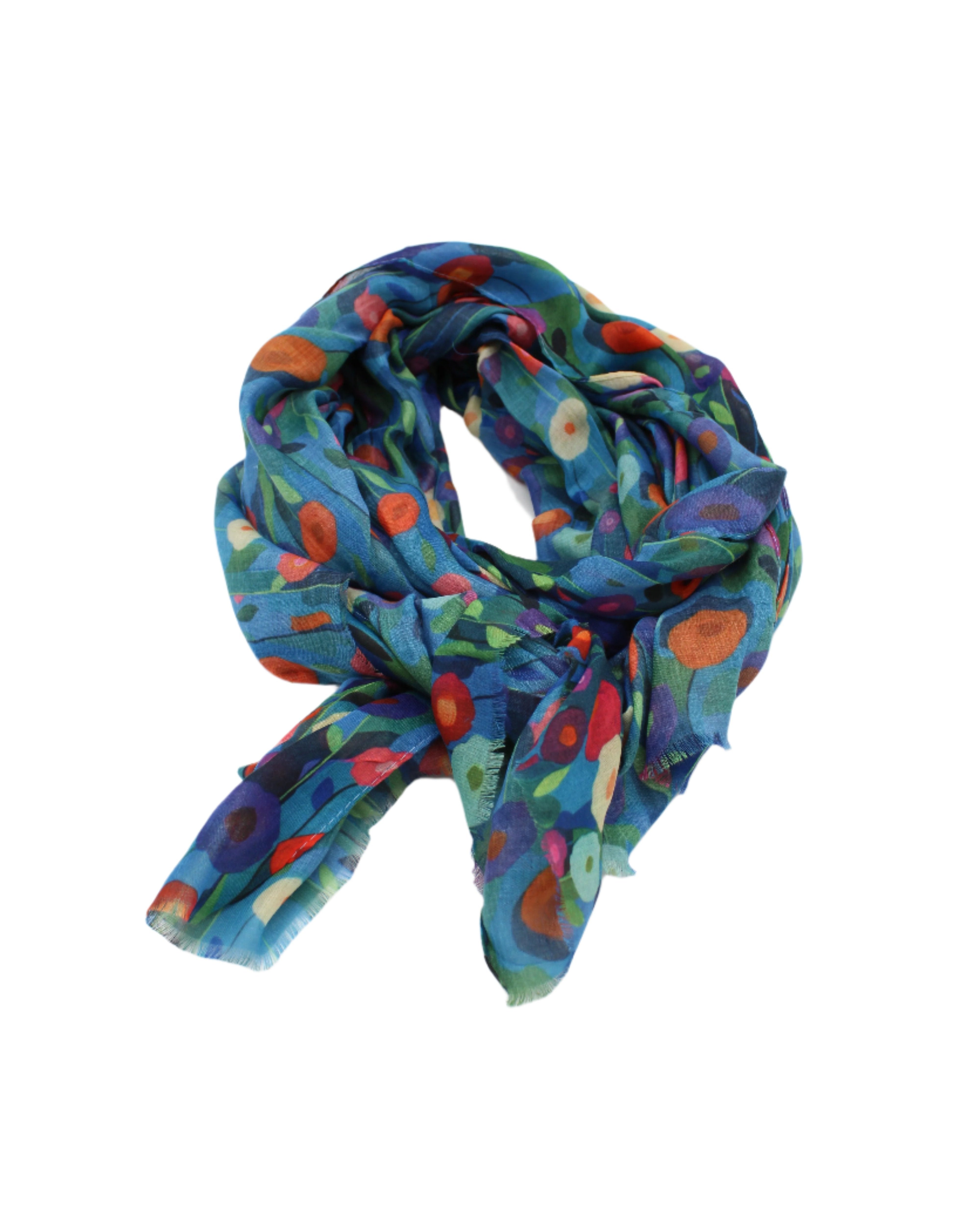 Poppy Dreams Scarf Wrap Blue with multicolored floral patterned scarf - Shebobo
