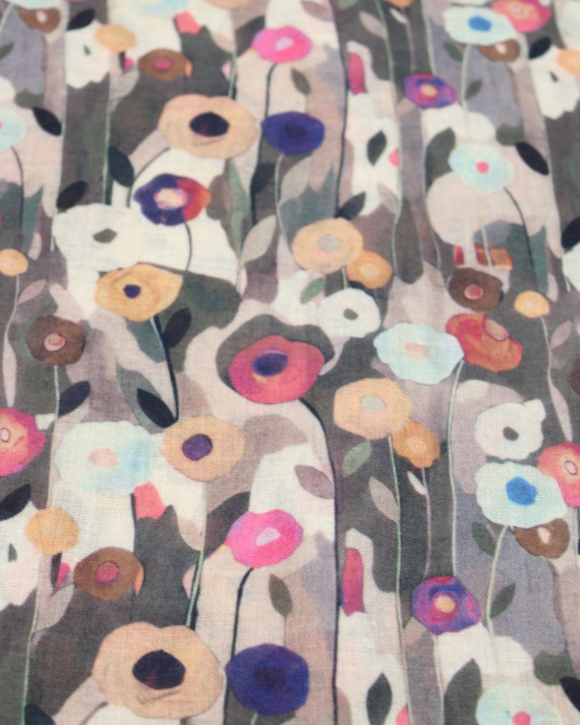 Detail view of pattern Poppy Dreams Scarf Wrap Natural with multicolored floral patterned scarf - Shebobo