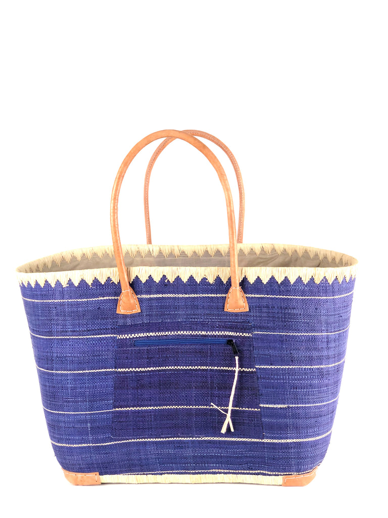Rabat big straw basket bag handmade loomed raffia blue with natural straw color horizontal pinstripe pattern beach bag extra large tote handbag with leather handles - Shebobo