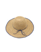 4 inch brim Rachel Crochet Denim handmade straw sun hat denim retro/light/blue trim woven edge and matching adjustable hat band on natural straw colored raffia hat - Shebobo