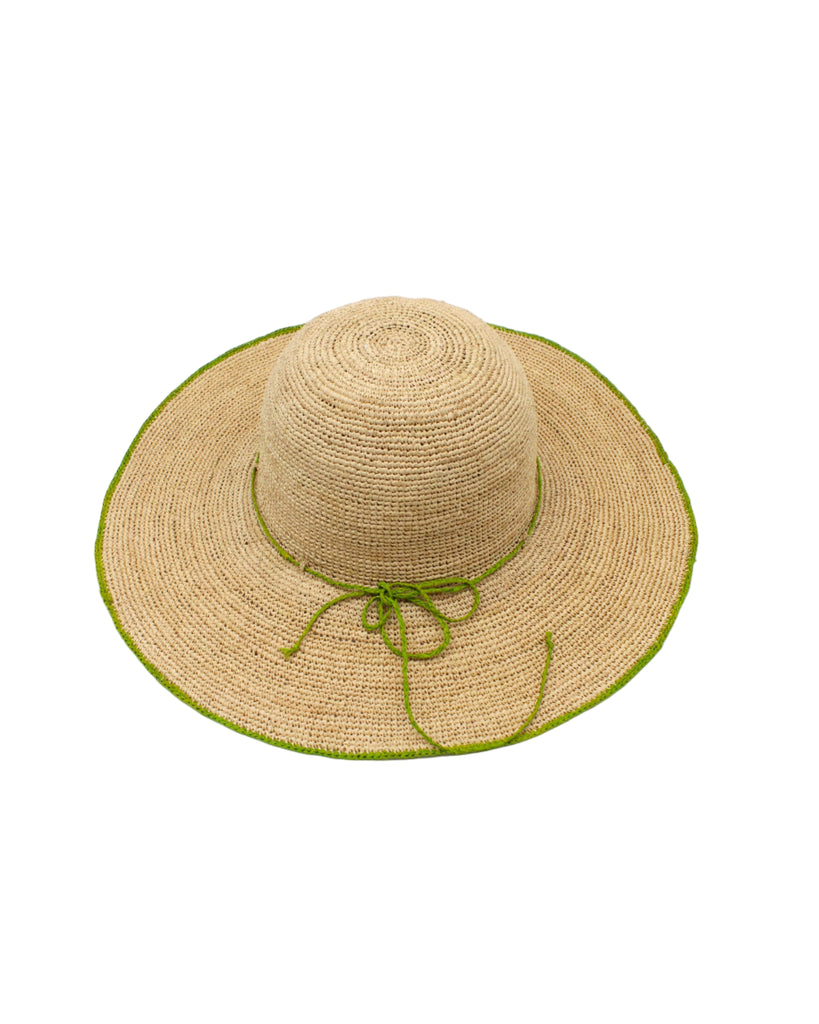 4 inch brim Rachel Crochet Midori handmade straw sun hat midori lime/bright/neon/green trim woven edge and matching adjustable hat band on natural straw colored raffia hat - Shebobo