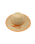 4 inch brim Rachel Crochet Saffron handmade straw sun hat saffron orange/yellow trim woven edge and matching adjustable hat band on natural straw colored raffia hat - Shebobo
