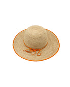 4 inch brim Rachel Crochet Saffron handmade straw sun hat saffron orange/yellow trim woven edge and matching adjustable hat band on natural straw colored raffia hat - Shebobo