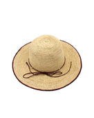 4 inch brim Rachel Crochet Umberwine handmade straw sun hat umberwine bordeaux/claret/deep/dark/red/purple trim woven edge and matching adjustable hat band on natural straw colored raffia hat - Shebobo