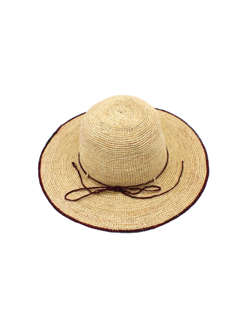 4 inch brim Rachel Crochet Umberwine handmade straw sun hat umberwine bordeaux/claret/deep/dark/red/purple trim woven edge and matching adjustable hat band on natural straw colored raffia hat - Shebobo