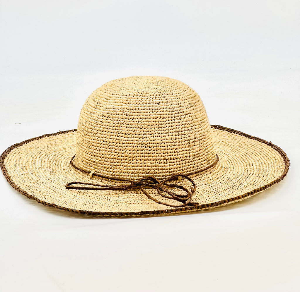 4" Brim Rachel Cinnamon Crochet Straw Sun Hat handmade crochet natural raffia palm fiber hat with dark brown/cinnamon/tobacco edge and matching corded hat band - Shebobo