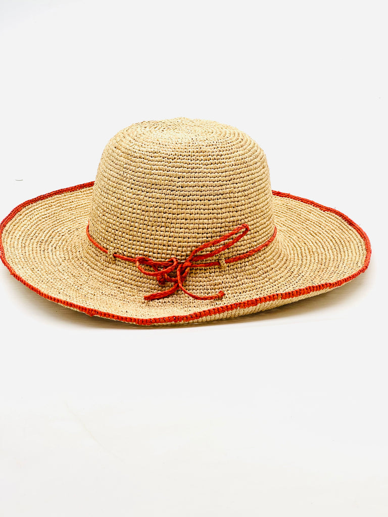 4" Brim Rachel Coral Crochet Straw Sun Hat handmade crochet raffia natural color wide brim hat with coral red/orange edge and matching corded hat band - Shebobo