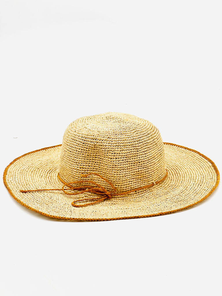 4 inch brim Rachel Crochet Saffron handmade straw sun hat saffron yellow trim woven edge and matching adjustable hat band on natural straw colored raffia hat - Shebobo