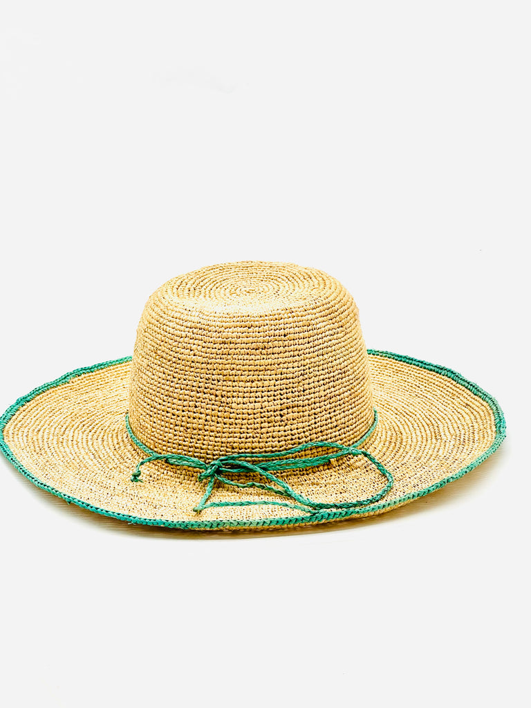 4" Brim Rachel Seafoam Crochet Straw Sun Hat handmade crochet natural raffia hat with seafoam blue/green edge and matching corded hat band - Shebobo