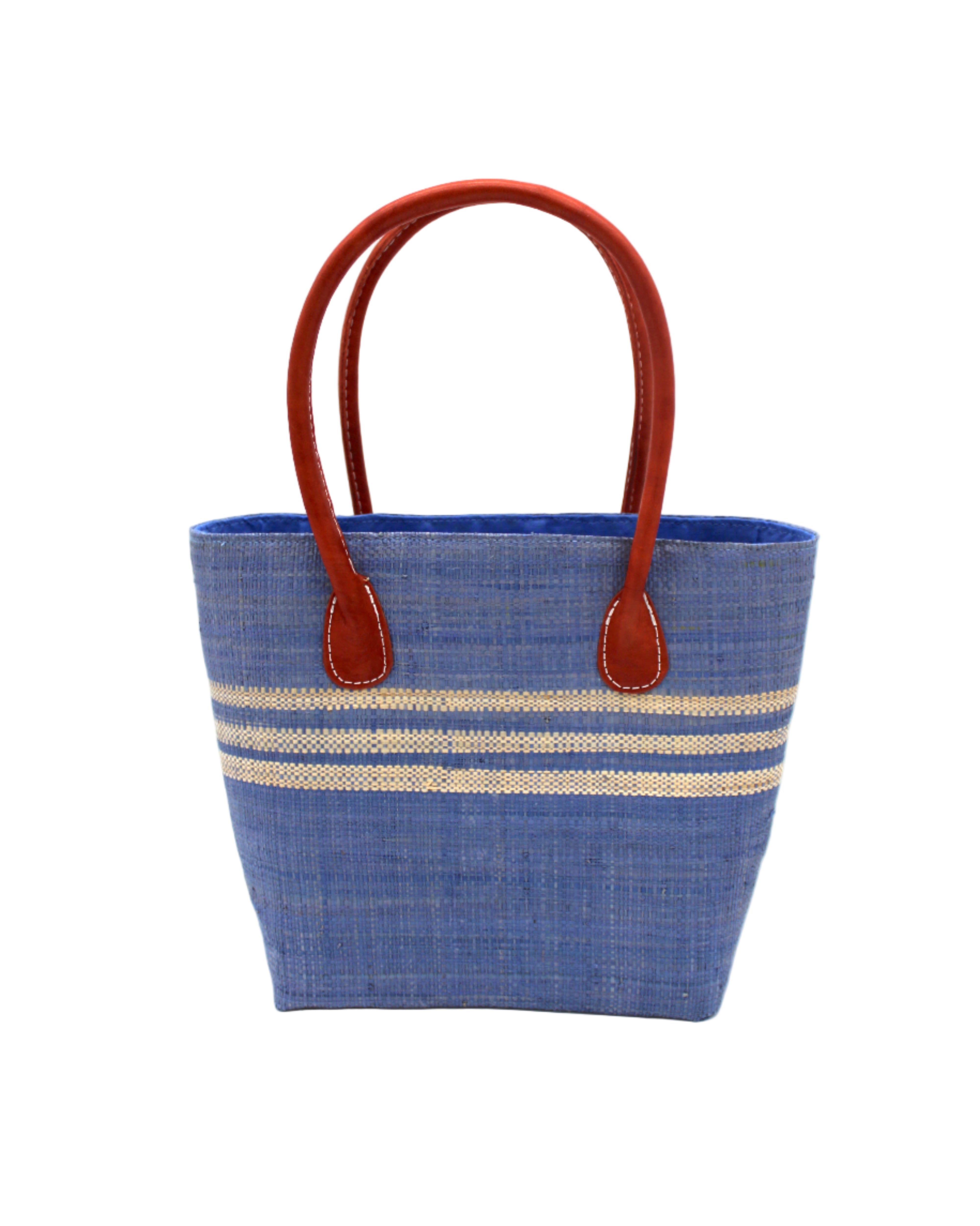 Raja Racing Stripe Straw Basket Bag handmade loomed natural raffia palm fiber in a two tone multicolor design of Denim light/retro/soft/blue color with three horizontal bands of Natural straw color creating a racing stripe pattern placed under the base of the handles a third down the height of the bag - Shebobo