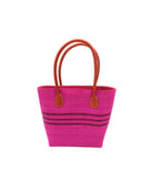 Raja Racing Stripe Straw Basket Bag handmade loomed natural raffia palm fiber in a two tone multicolor design of Fuchsia hot/bright/barbie/pink color with three horizontal bands of Umberwine bordeaux/claret/dark/purple/red creating a racing stripe pattern placed under the base of the handles a third down the height of the bag - Shebobo